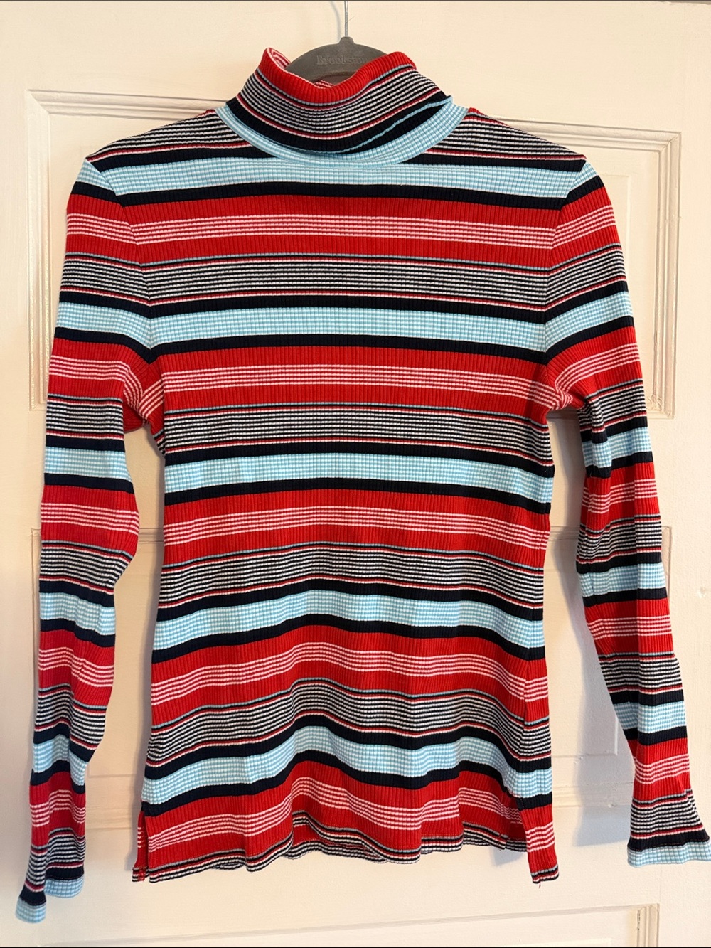 Tommy Hilfiger Striped Turtleneck Long Sleeve Top - Red, Light Blue & Black